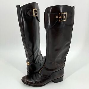 Tory Burch Marco Zipper Front Riding Knee Boots Brown‎ Gold Tone Women 7M